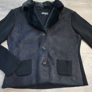 SEEU Black Ribbed Knit Faux Fur Button Down Sweater Jacket